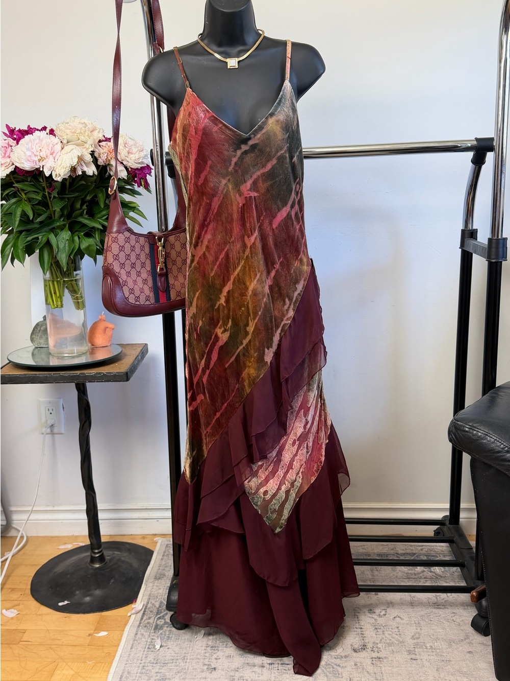 Jeff Gallano Paris Burgundy Velvet Burnout Layered Evening Gown Dress FR 42